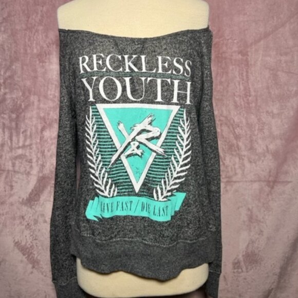 Young & Reckless Tops - Young & Reckless Womens Gray Reckless Youth Off Shoulder Shirt Size Medium